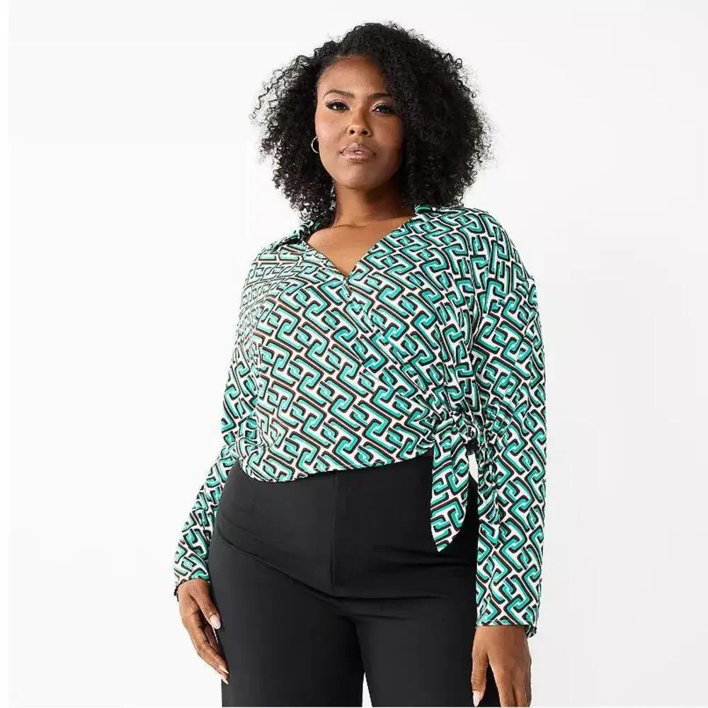 NWT INTEMPO Women's Tie Front Top Green Chain Print Plus Size 2X